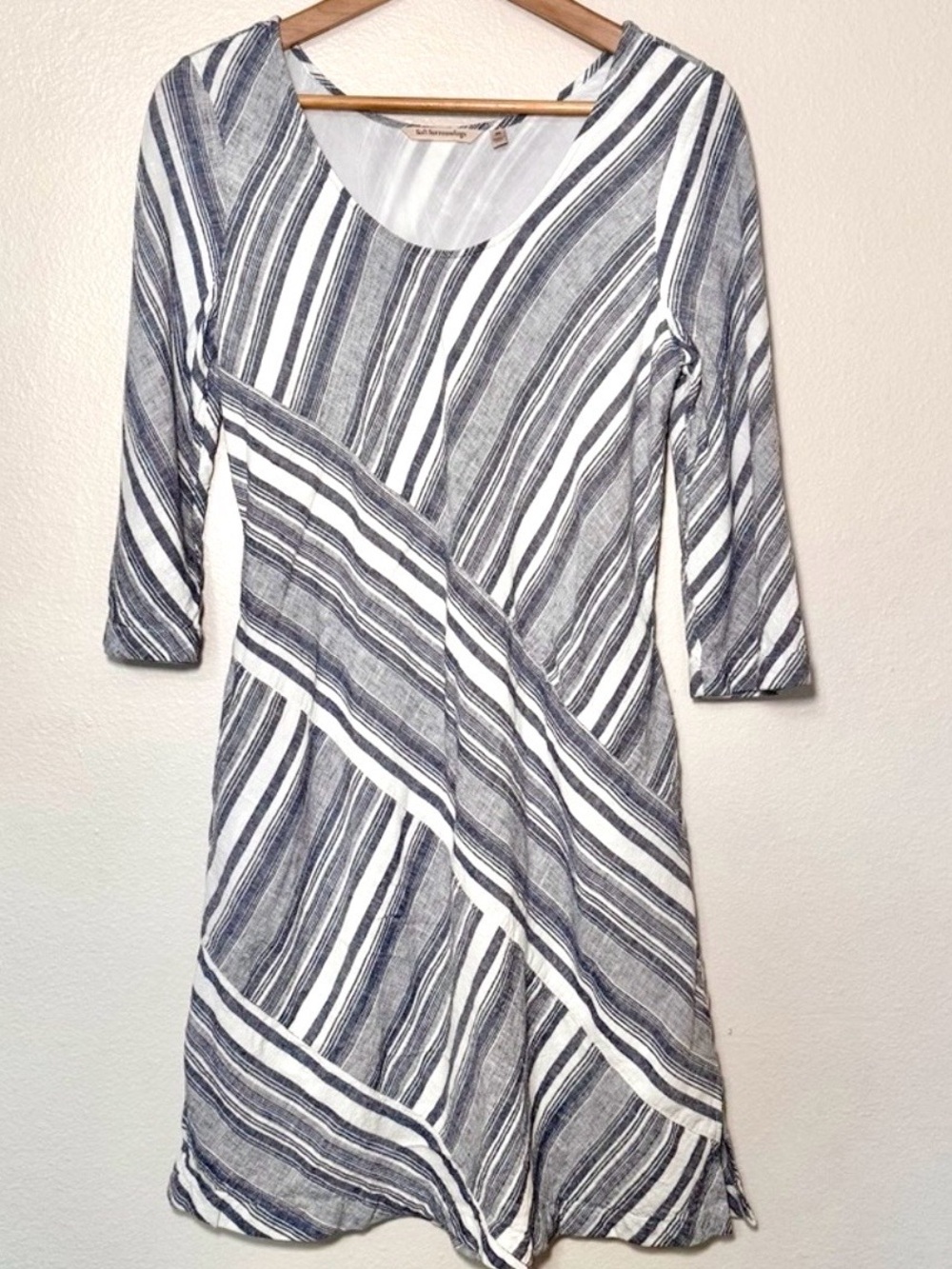 Soft Surroundings Sonya Linen Blend Shift Dress Petite Small Blue Stripe Coastal